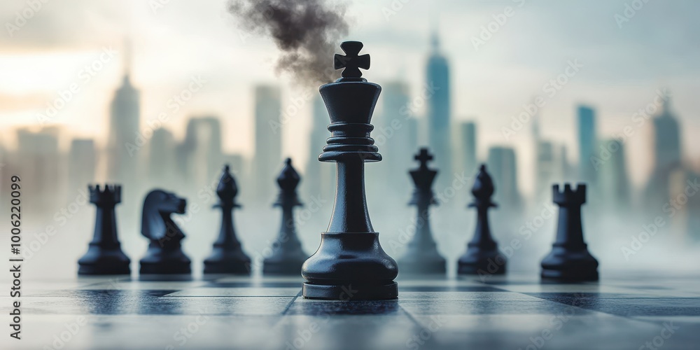 A dramatic chess scene with a king surrounded by pieces, set against a misty city skyline, symbolizing strategy and competition. A dramatic chess scene with a king surrounded by pieces, set against a misty city skyline, symbolizing strategy and competition.