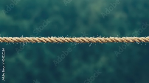 Close-up of a single rope stretched horizontally with a blurred green natural background, symbolizing strength, connectivity, and tension. photo