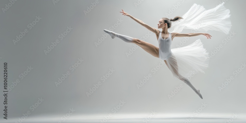 A graceful ballet dancer leaps elegantly, showcasing flexibility and strength in a stunning performance against a minimalistic backdrop. A graceful ballet dancer leaps elegantly, showcasing flexibility and strength in a stunning performance against a minimalistic backdrop.