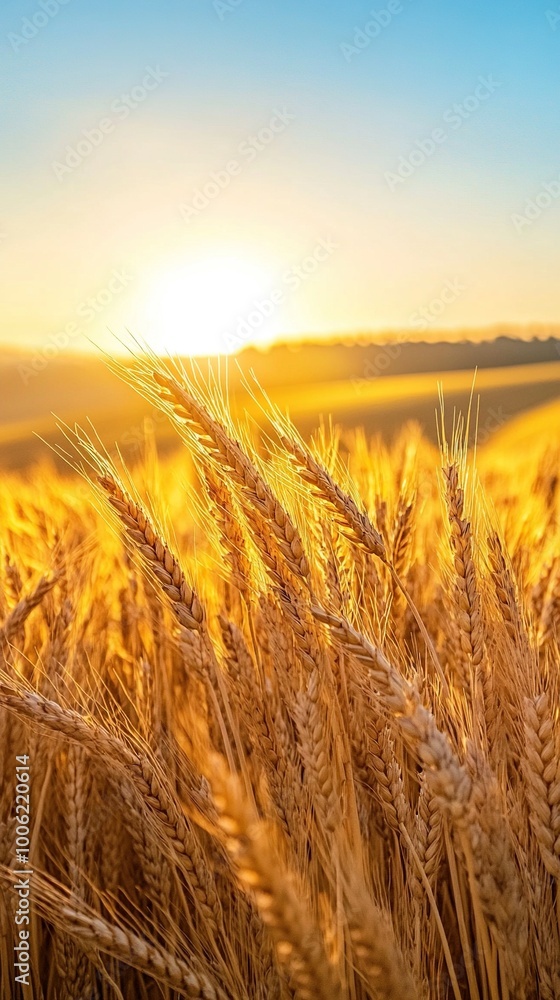 A detailed close-up panoramic view of golden wheat fields gently swaying in the breeze under a clear azure sky during a vibrant sunset. Warm sunlight casts a golden glow over the landscape. A detailed close-up panoramic view of golden wheat fields gently swaying in the breeze under a clear azure sky during a vibrant sunset. Warm sunlight casts a golden glow over the landscape.