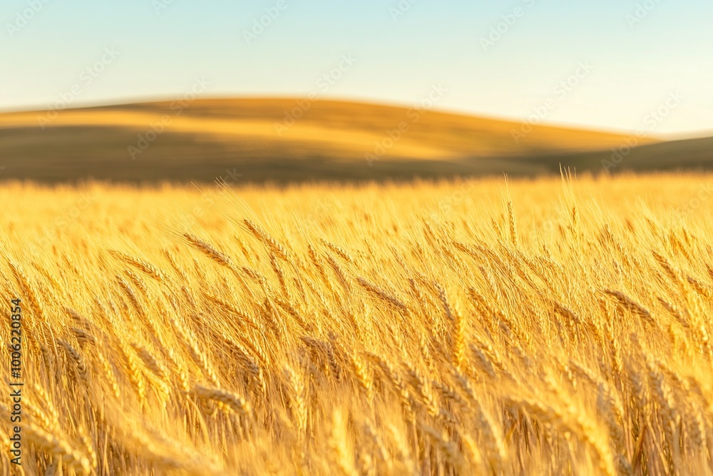 Obraz premium A detailed close-up panoramic view of golden wheat fields gently swaying in the breeze under a clear azure sky during a vibrant sunset. Warm sunlight casts a golden glow over the landscape.