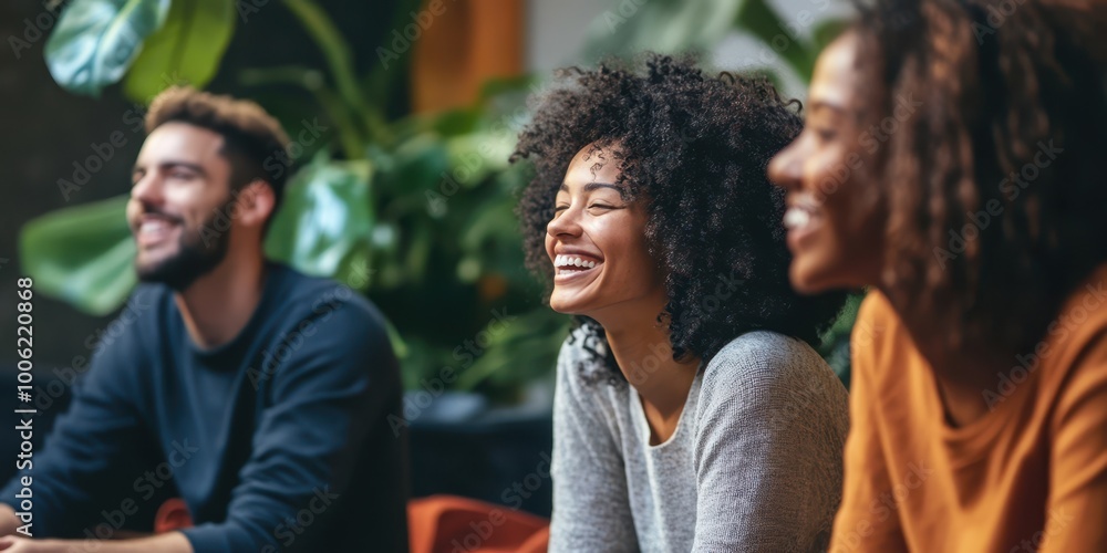 A joyful group of friends enjoying a conversation in a cozy, green environment, showcasing happiness and connection. A joyful group of friends enjoying a conversation in a cozy, green environment, showcasing happiness and connection.