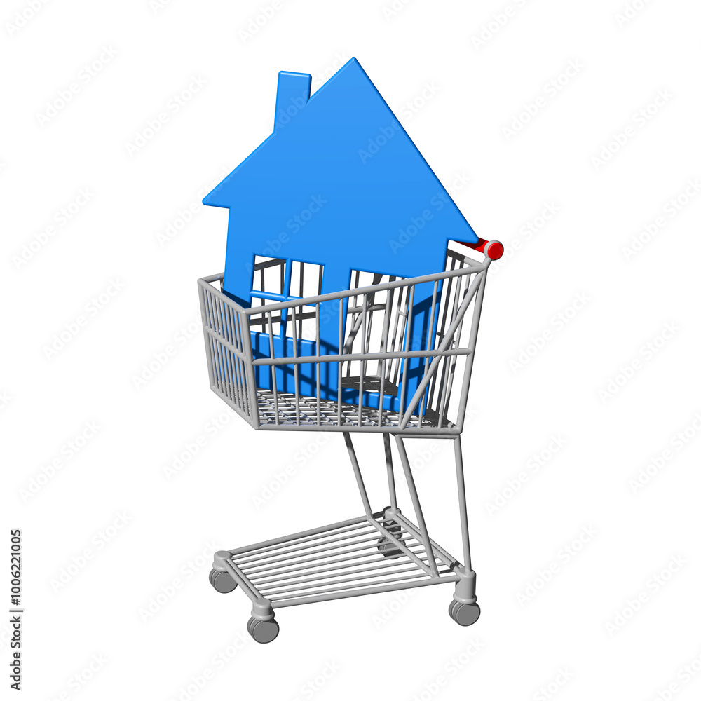Einkaufswagen mit Haus, isoliert Einkaufswagen mit Haus, isoliert