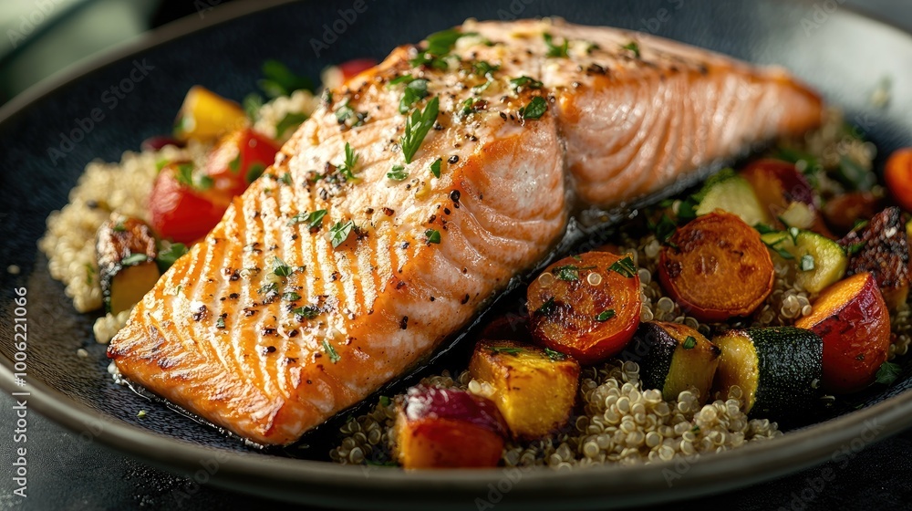 A delicious and healthy meal of grilled salmon fillets served with roasted vegetables and quinoa, creating a balanced and nutritious dish. A delicious and healthy meal of grilled salmon fillets served with roasted vegetables and quinoa, creating a balanced and nutritious dish.