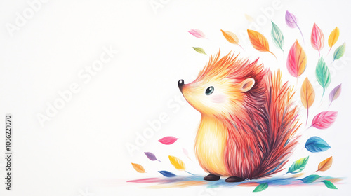 Modern childish style sketch of hedgehog and leaves with colorful details, simple pencil drawing on white background. photo