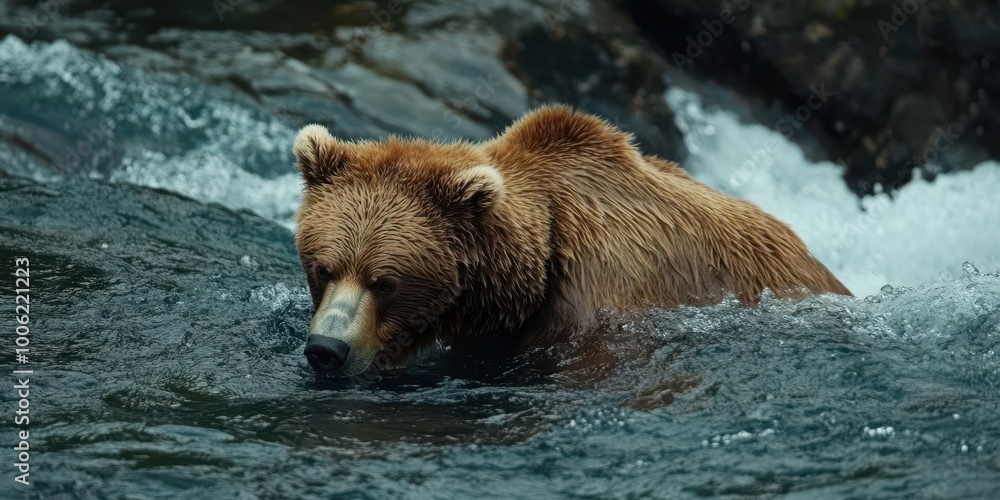 Obraz premium A majestic bear wades through a clear river, showcasing its strength and beauty in a serene natural setting.
