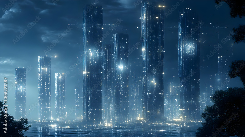 Futuristic Cityscape: Towers Glowing with Lights Reflecting on Water Futuristic Cityscape: Towers Glowing with Lights Reflecting on Water