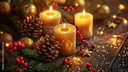 Composition of Christmas candles and decorations on a wooden table. The candles surrounded by fir branches, cones, red berries and small golden balls.