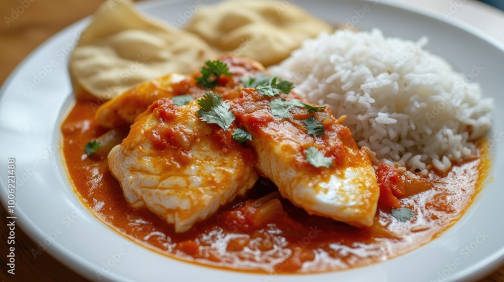 A delicious plate of fish curry, with tender fish fillets simmered in a spicy and tangy tomato-based gravy, served with steamed rice and papadum. A delicious plate of fish curry, with tender fish fillets simmered in a spicy and tangy tomato-based gravy, served with steamed rice and papadum.