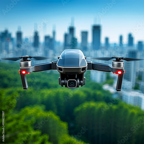 Drone flying over a green area near a city photo