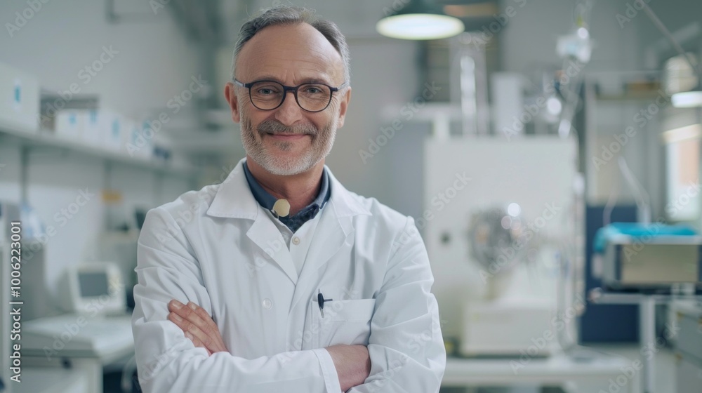 A man in a white lab coat is smiling and posing for a picture