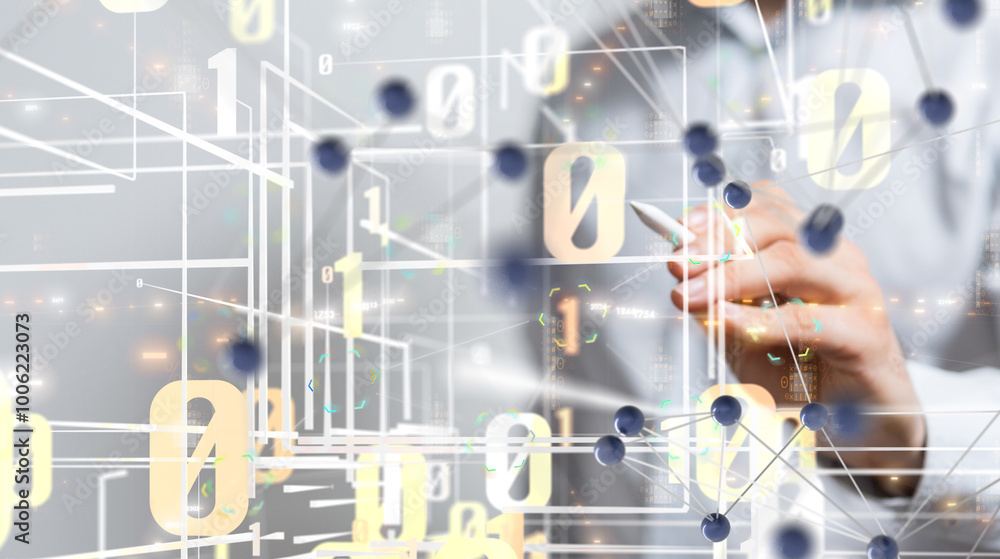 Naklejka premium abstract lines with dots over dark background.