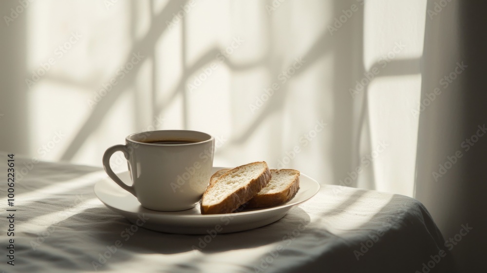 Minimalist Coffee and Bread, a serene composition featuring a coffee cup and bread slices on a plate, softly illuminated by window light, evoking a peaceful moment. Minimalist Coffee and Bread, a serene composition featuring a coffee cup and bread slices on a plate, softly illuminated by window light, evoking a peaceful moment.