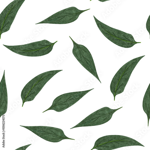 Topinambur Green Leaves Seamless Pattern. Hand Drawn Floral Digital Paper on White Background.
