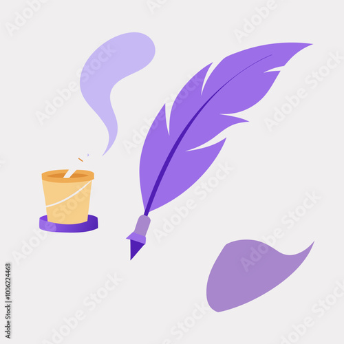 A purple feather quill pen and an inkwell, representing writing, literature, and creativity. Perfect for projects related to books, education, or the art of storytelling.