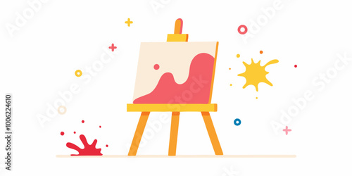 A cheerful illustration of an easel with a canvas and paint splatters. This playful design is perfect for adding a touch of creativity to your projects. photo