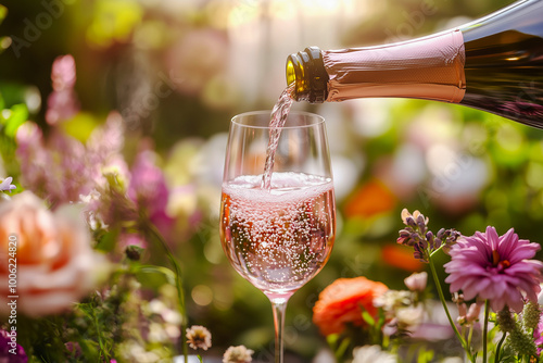 A glass of sparkling rose pink wine is being poured in a vibrant flower garden.