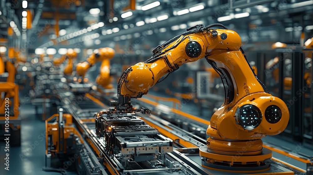 Smart industry robot arm working on assembly line in factory Smart industry robot arm working on assembly line in factory