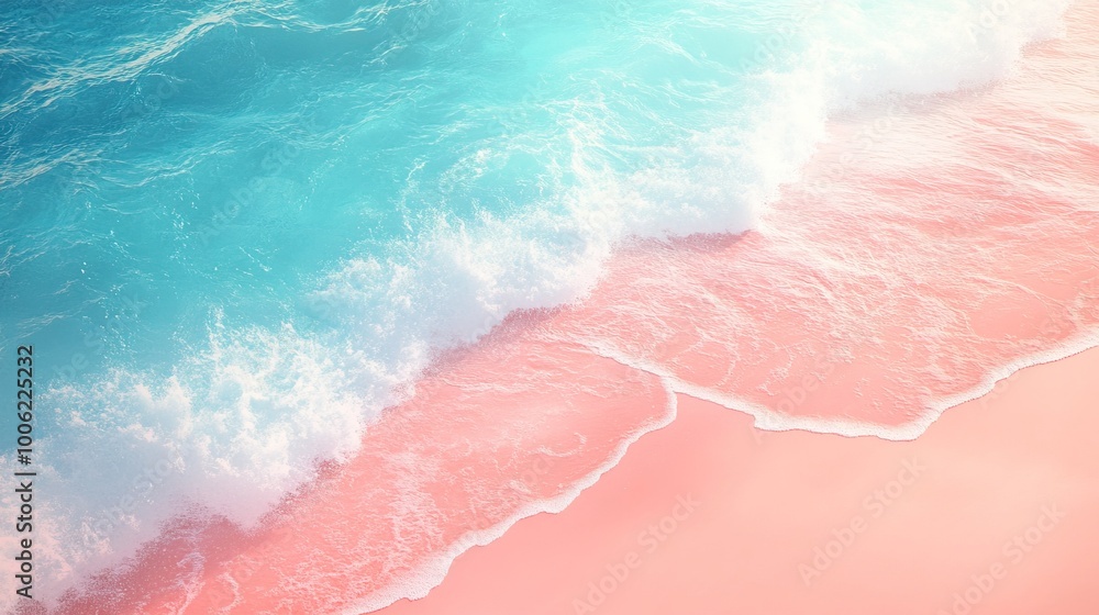 Fototapeta premium Gentle waves caress a soft pink shore under a serene blue sky, creating a tranquil coastal scene.
