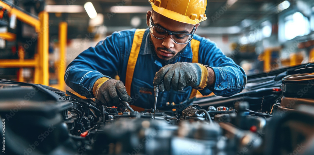Mechanic fixing car engine in garage for car repair service. Concept Car Repair Mechanic fixing car engine in garage for car repair service. Concept Car Repair