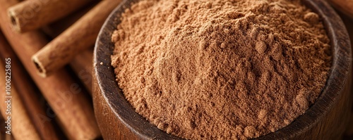 Ground cinnamon powder in a wooden bowl with cinnamon sticks, ideal for culinary and baking themes.