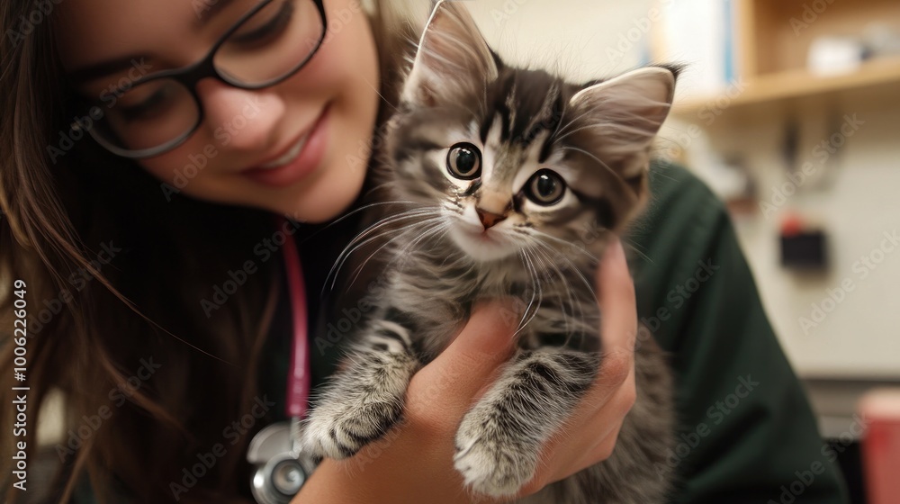 A friendly veterinarian holding a fluffy kitten, carefully checking its ears, with the kitten looking curious and at ease. A friendly veterinarian holding a fluffy kitten, carefully checking its ears, with the kitten looking curious and at ease.
