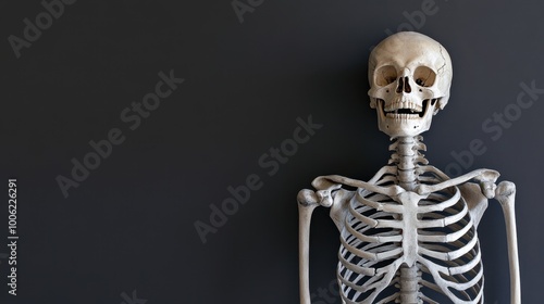 A spooky Halloween skeleton standing upright against a plain black background, offering an eerie and classic look.