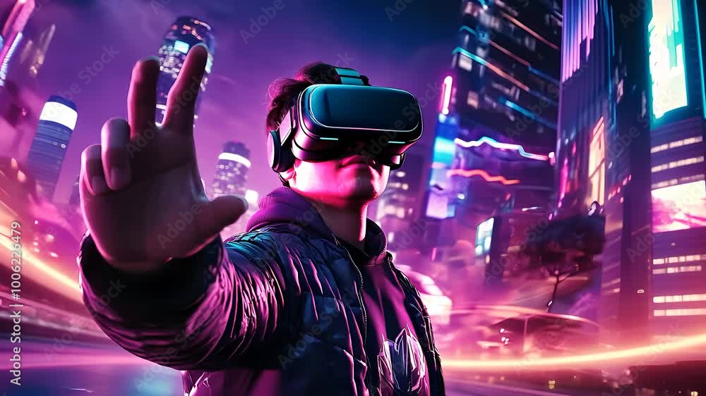 Man Immersed in Virtual Reality with Futuristic Cityscape in the Background Man Immersed in Virtual Reality with Futuristic Cityscape in the Background