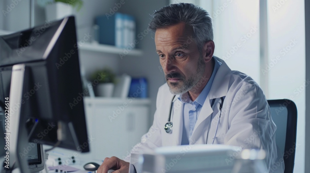A man in a white lab coat is sitting at a computer in a medical office A man in a white lab coat is sitting at a computer in a medical office