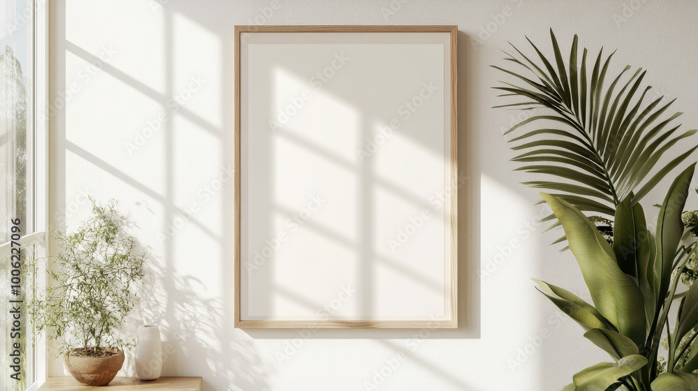 A mockup of an empty wooden frame on the wall, with sunlight streaming through large windows and casting soft shadows across its surface. Created with Ai A mockup of an empty wooden frame on the wall, with sunlight streaming through large windows and casting soft shadows across its surface. Created with Ai