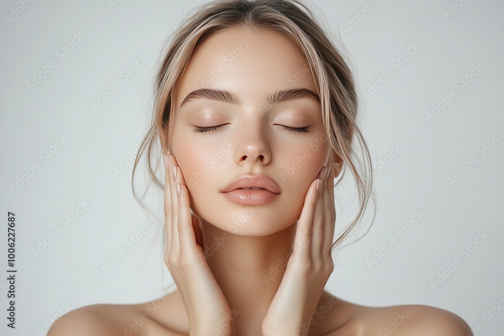 Peaceful woman with closed eyes, gently holding her face, serene expression on a soft background. Peaceful woman with closed eyes, gently holding her face, serene expression on a soft background.