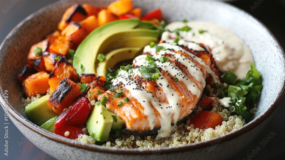 A healthy and colorful Buddha bowl filled with quinoa, roasted vegetables, avocado slices, and flaked salmon, drizzled with tahini dressing. A healthy and colorful Buddha bowl filled with quinoa, roasted vegetables, avocado slices, and flaked salmon, drizzled with tahini dressing.