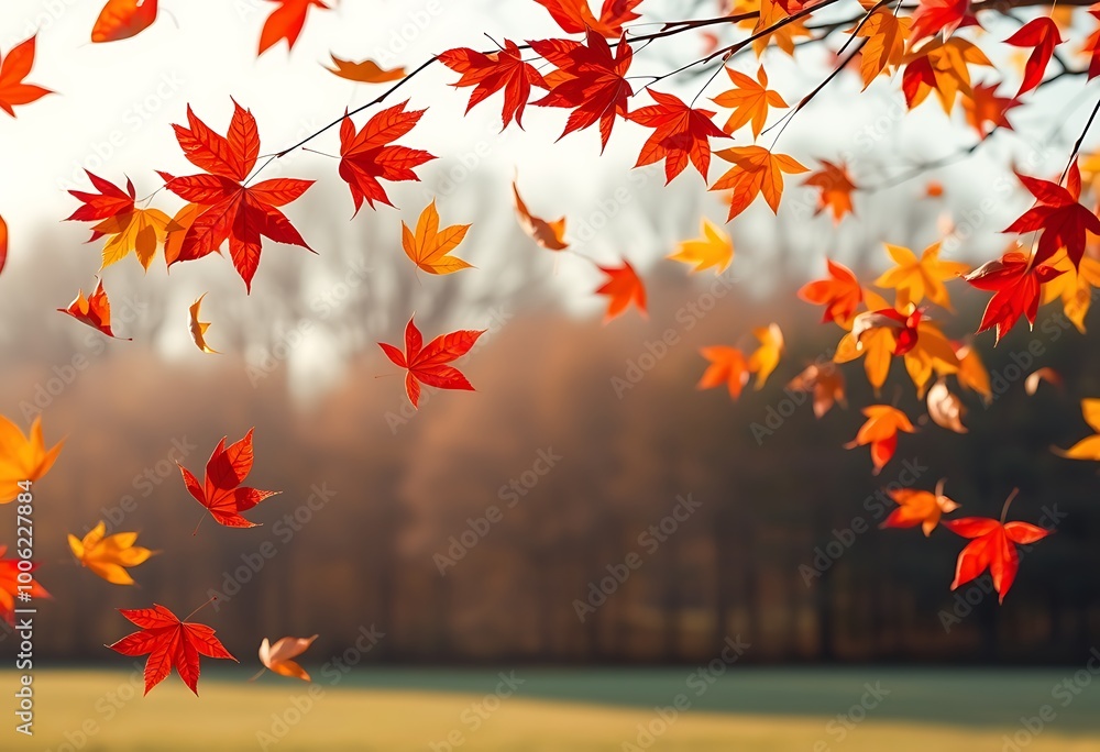 A dynamic poster featuring a flurry of colorful autumn leaves being swept by the wind across the frame. A dynamic poster featuring a flurry of colorful autumn leaves being swept by the wind across the frame.