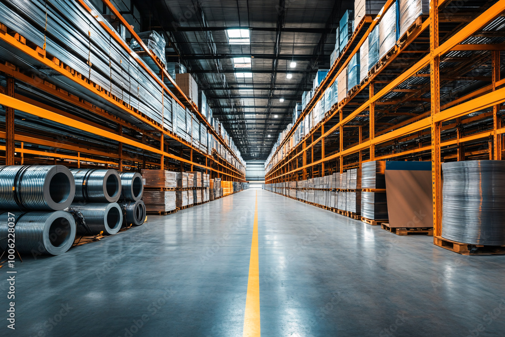 An expansive view of a modern warehouse with stacked steel rolls and organized shelving showcasing an industrial environment An expansive view of a modern warehouse with stacked steel rolls and organized shelving showcasing an industrial environment