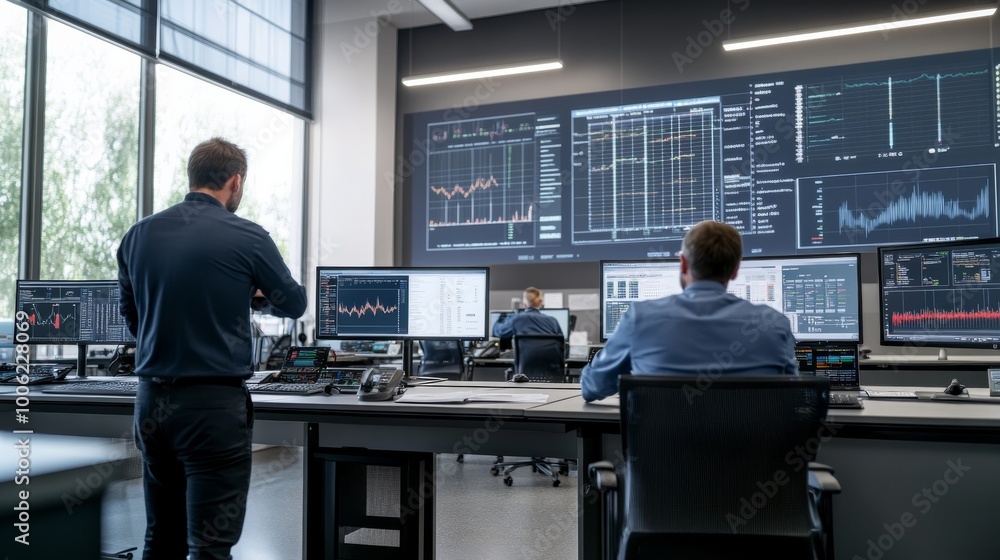 Engineers engage in real-time data analysis within a high-tech control room, surrounded by large screens showcasing critical graphs and metrics Engineers engage in real-time data analysis within a high-tech control room, surrounded by large screens showcasing critical graphs and metrics
