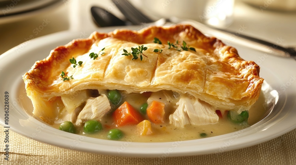 A hearty plate of chicken pot pie, with flaky pastry crust encasing a creamy filling of chicken, vegetables, and gravy, a comforting homemade meal. A hearty plate of chicken pot pie, with flaky pastry crust encasing a creamy filling of chicken, vegetables, and gravy, a comforting homemade meal.