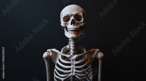 A spooky Halloween skeleton standing upright against a plain black background, offering an eerie and classic look.