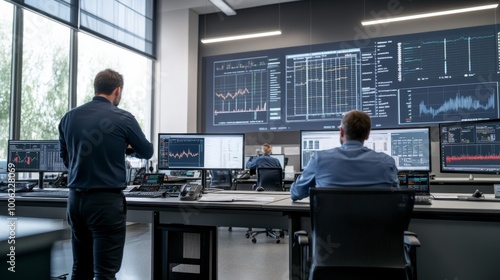 Engineers engage in real-time data analysis within a high-tech control room, surrounded by large screens showcasing critical graphs and metrics