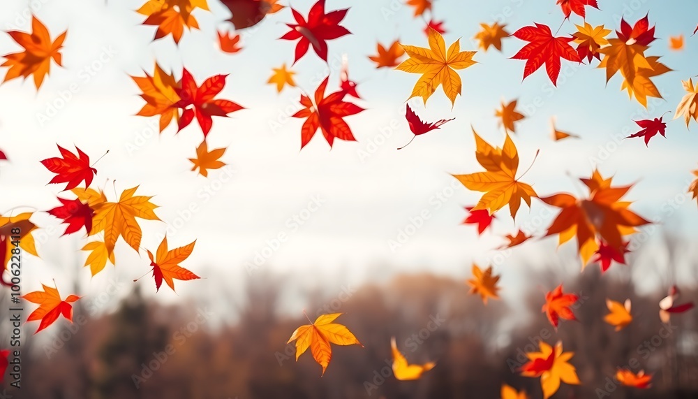 A dynamic poster featuring a flurry of colorful autumn leaves being swept by the wind across the frame. A dynamic poster featuring a flurry of colorful autumn leaves being swept by the wind across the frame.
