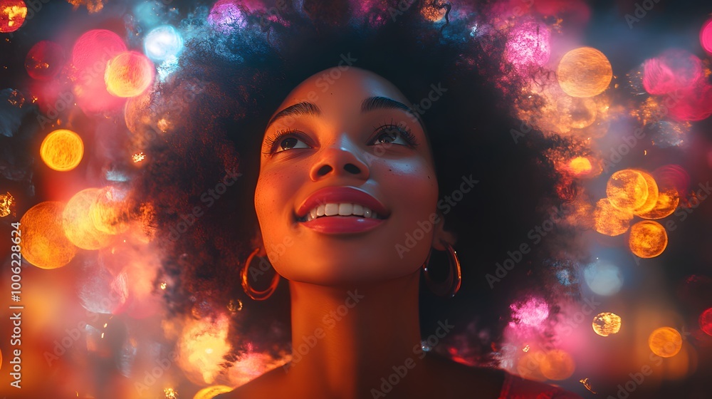 Woman with Curly Hair Surrounded by Colorful Lights Woman with Curly Hair Surrounded by Colorful Lights