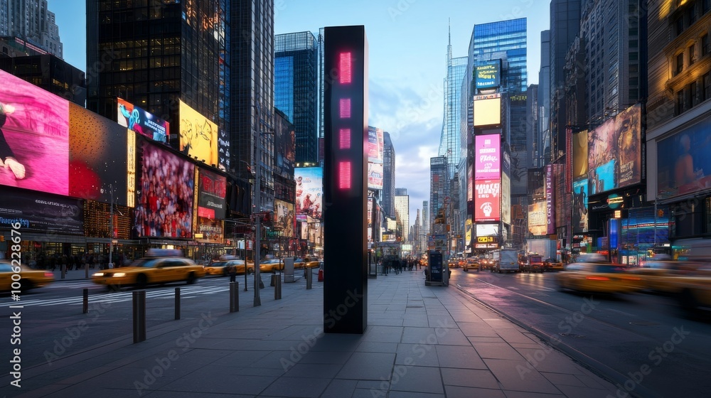 Obraz premium A tall, illuminated billboard stands prominently against a busy city street filled with neon signs and trailing traffic lights, creating a lively urban vibe at dusk