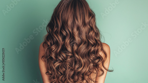 Curly brown hair closeup, no face. Back view of beautiful brown haired woman with long wavy hair.