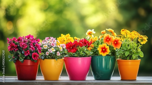 Vibrant Flower Pots with Colorful Blooms in Garden