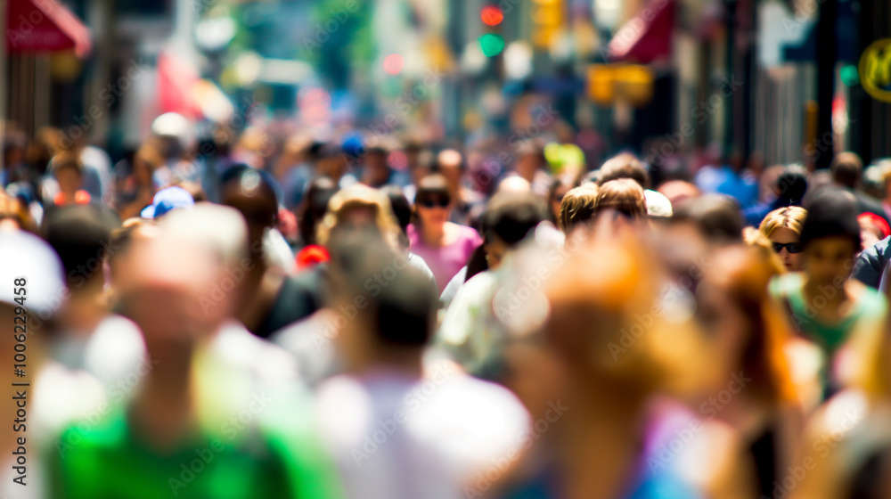 Obraz premium Crowded urban street scene with diverse faces representing various age groups and ethnicities, symbolizing demographic diversity and multiculturalism, with ample copy space for text or design elements