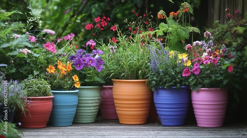 Colorful Potted Flowers in a Garden Setting