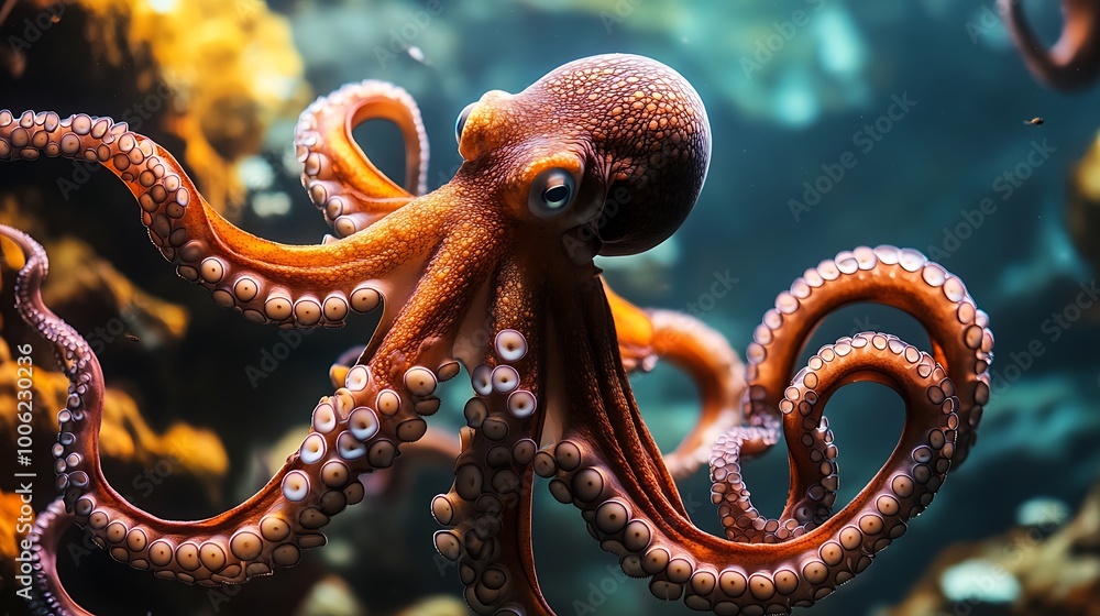 Obraz premium Fascinating big octopus exploring coral reef environment picture