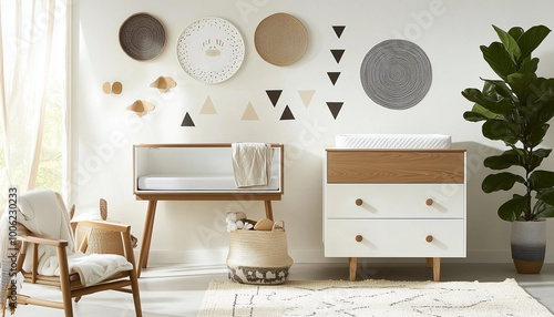 Editorial photo of a modern nursery with geometric wall decals, a changing table, and neutral-toned decor