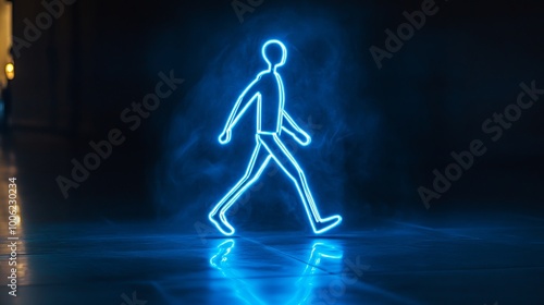 Neon blue stick figure walking through smoke effect