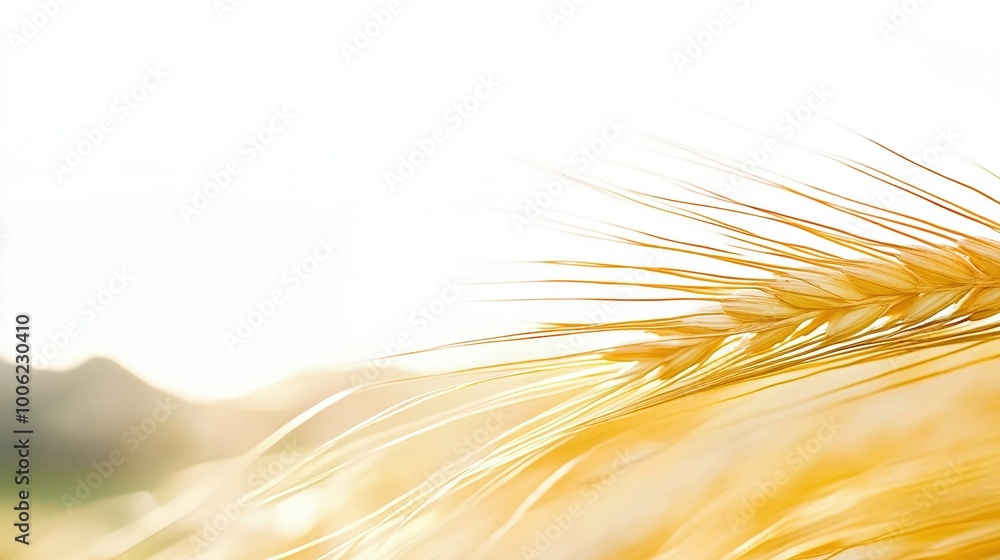 A detailed close-up panoramic view of golden wheat fields gently swaying in the breeze under a clear azure sky during a vibrant sunset. Warm sunlight casts a golden glow over the landscape. A detailed close-up panoramic view of golden wheat fields gently swaying in the breeze under a clear azure sky during a vibrant sunset. Warm sunlight casts a golden glow over the landscape.