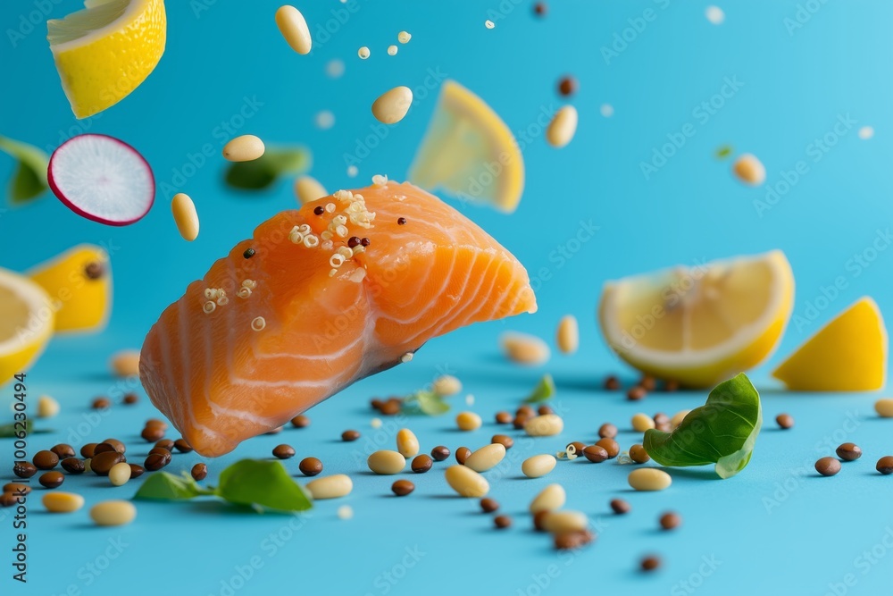 A bowl of quinoa topped with a fillet of salmon, with floating radishes, soybeans, and herbs A bowl of quinoa topped with a fillet of salmon, with floating radishes, soybeans, and herbs